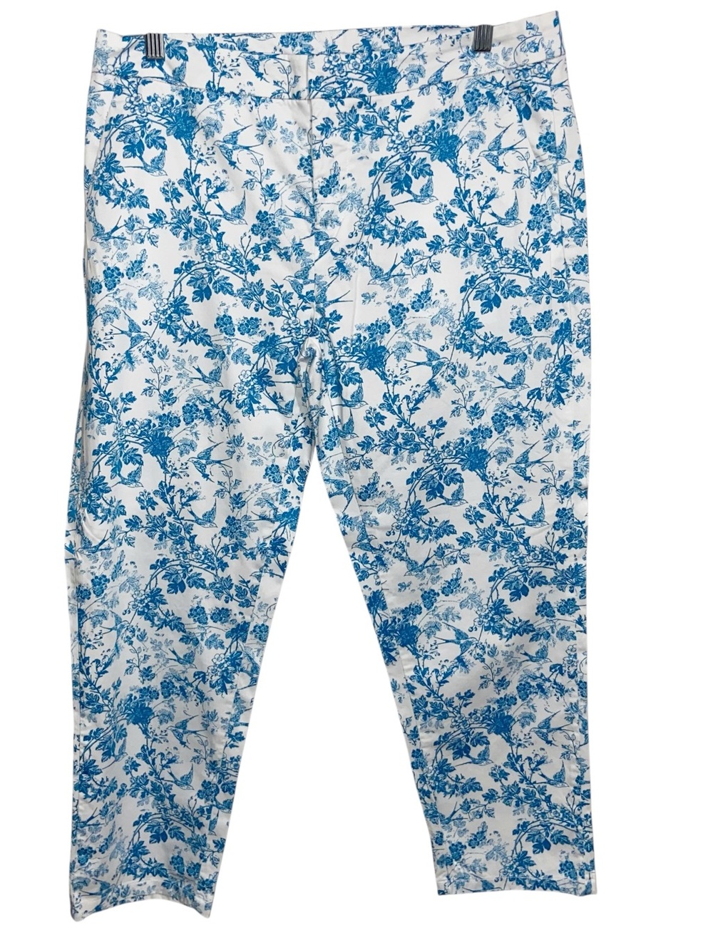 Garnet Hill Pants Womens Size 10 Blue White Floral Bird Print Coastal Resortwear